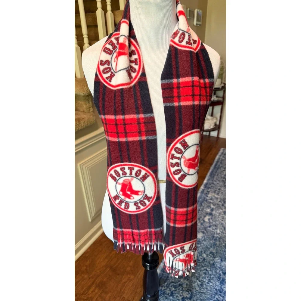 Boston Red Sox MLB Fleece Scarf Red Navy Blue Plaid Logo Fringe Fan Gear